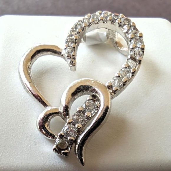 GND Jewelry - Stunning .925 Sterling Silver Double Heart's Pendant Encrusted w/ Brilliant CZ's